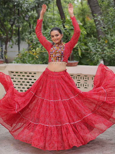 Beautiful Red Gota Patti Work Georgette Navratri Wear Crop Top Lehenga